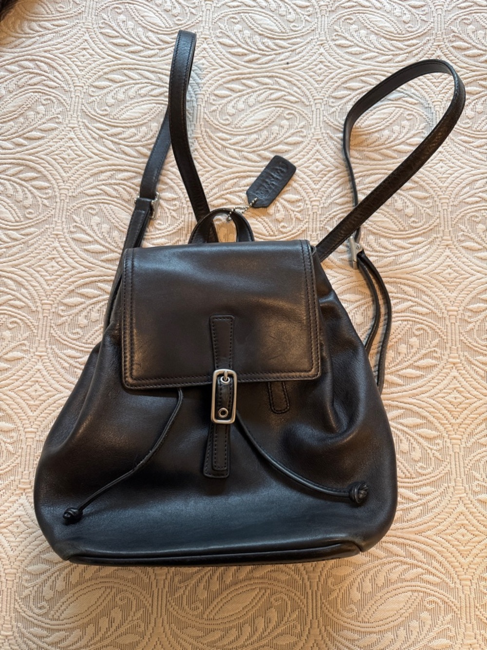 Coach Black Leather Drawstring Backpack with Flap